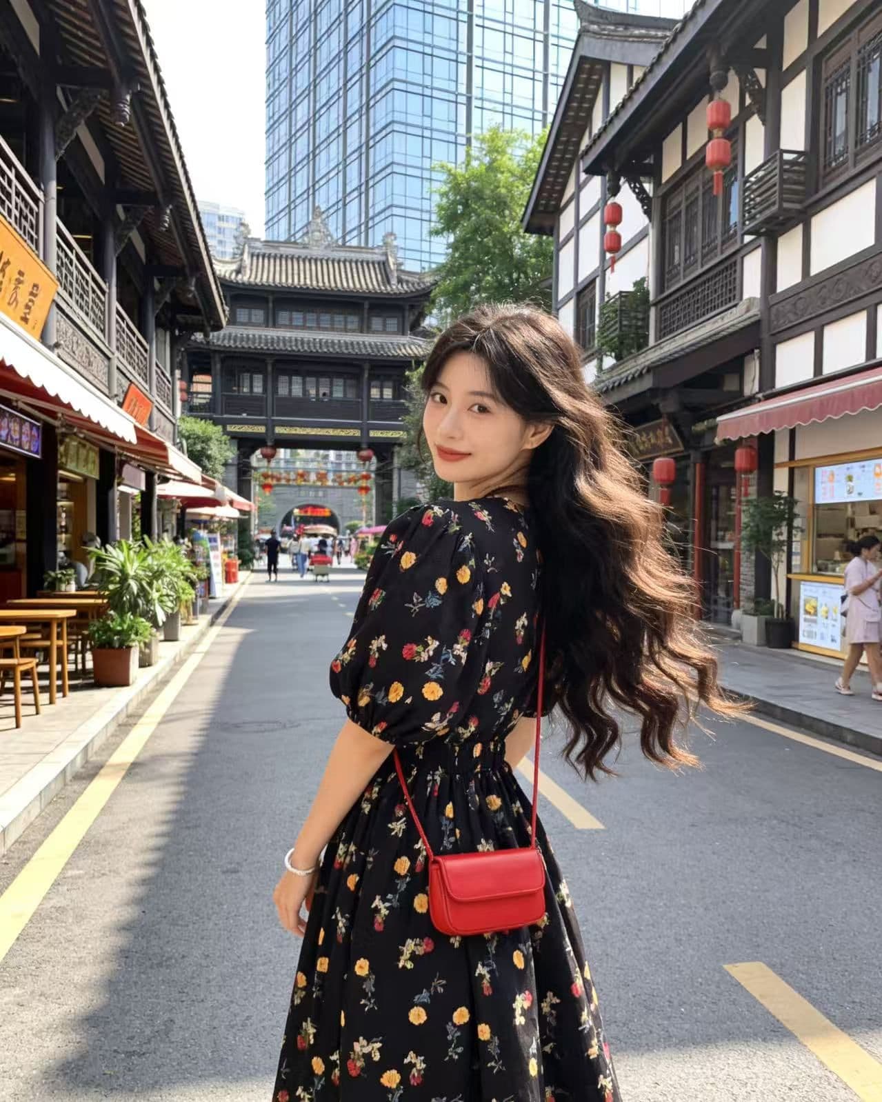 프랑스식 레트로 검정색 꽃무늬 라운드 넥 거품 소매 셔츠 드레스 여름 허리 수축 큰 진자 한 마디 휴가 여성 드레스 상세 이미지 2