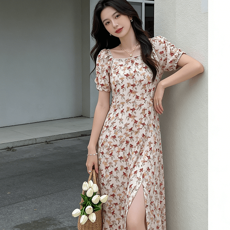 달콤함 낭만주의 꽃무늬 여성 드레스 2026 여름 새로운 진주 광장 칼라 거품 소매 트임 롱 스커트