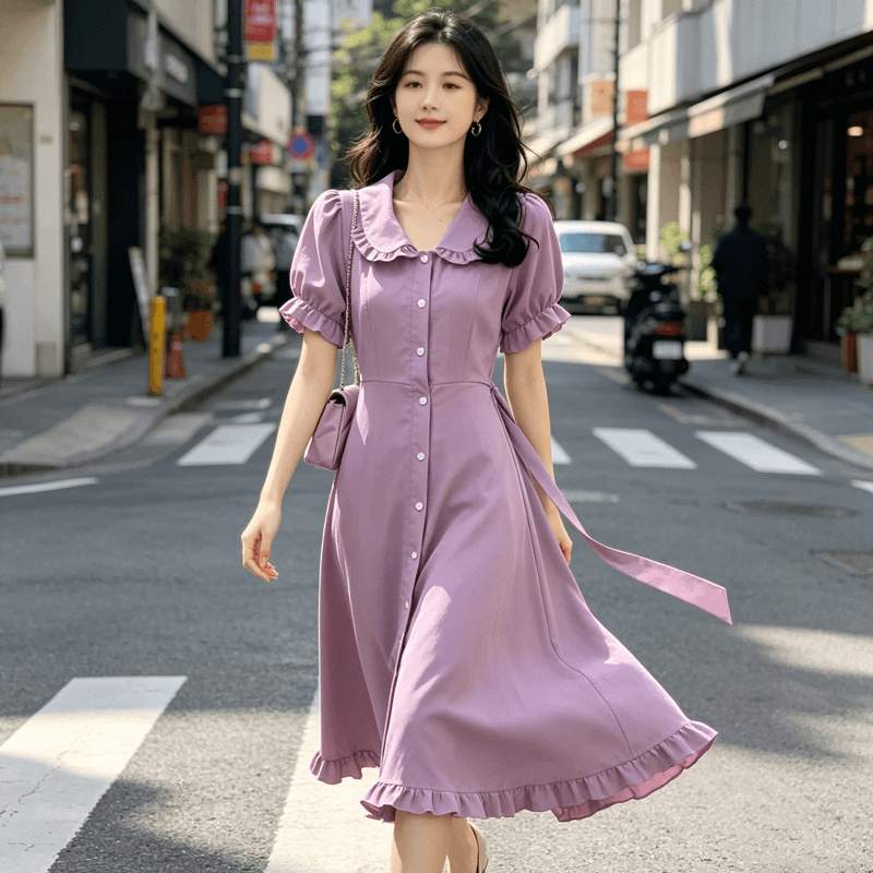 프랑스식 레트로 작은 대중 여성 드레스 베이비 칼라 중간 길이 한국 스타일 치마 여름 몸매 가꾸기 허리 수축 품격 롱 스커트 상세 이미지 2