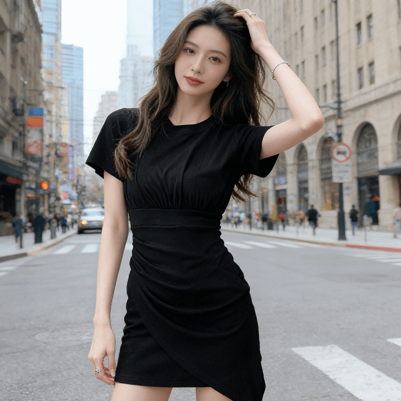 2026 새로운 순수한 욕망 바람 검정색 티셔츠 치마 여름 라운드 넥 허리 수축 주름 불규칙 밑단 품격 드레스 이미지 5