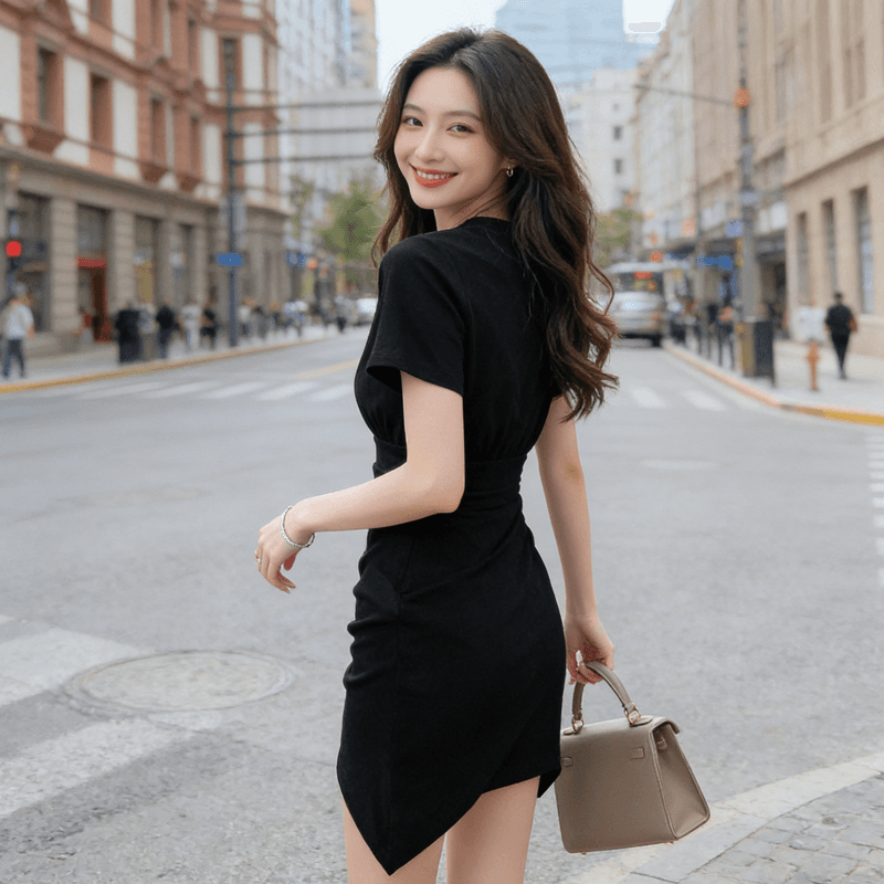 2026 새로운 순수한 욕망 바람 검정색 티셔츠 치마 여름 라운드 넥 허리 수축 주름 불규칙 밑단 품격 드레스 상세 이미지 3