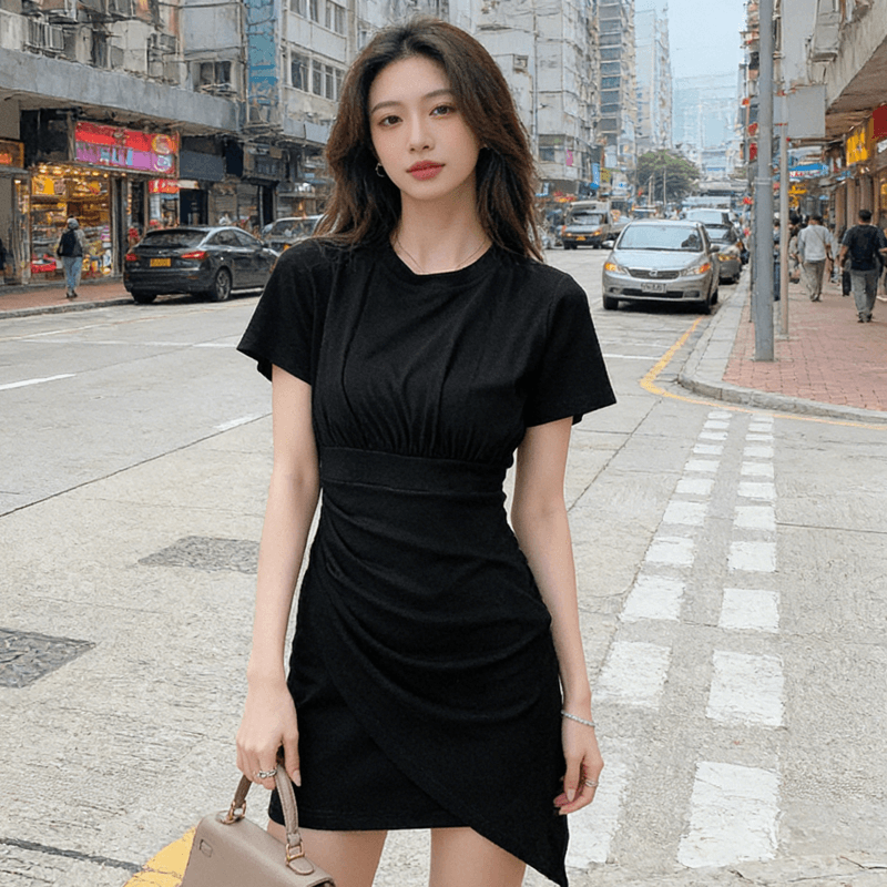 2026 새로운 순수한 욕망 바람 검정색 티셔츠 치마 여름 라운드 넥 허리 수축 주름 불규칙 밑단 품격 드레스 상세 이미지 7
