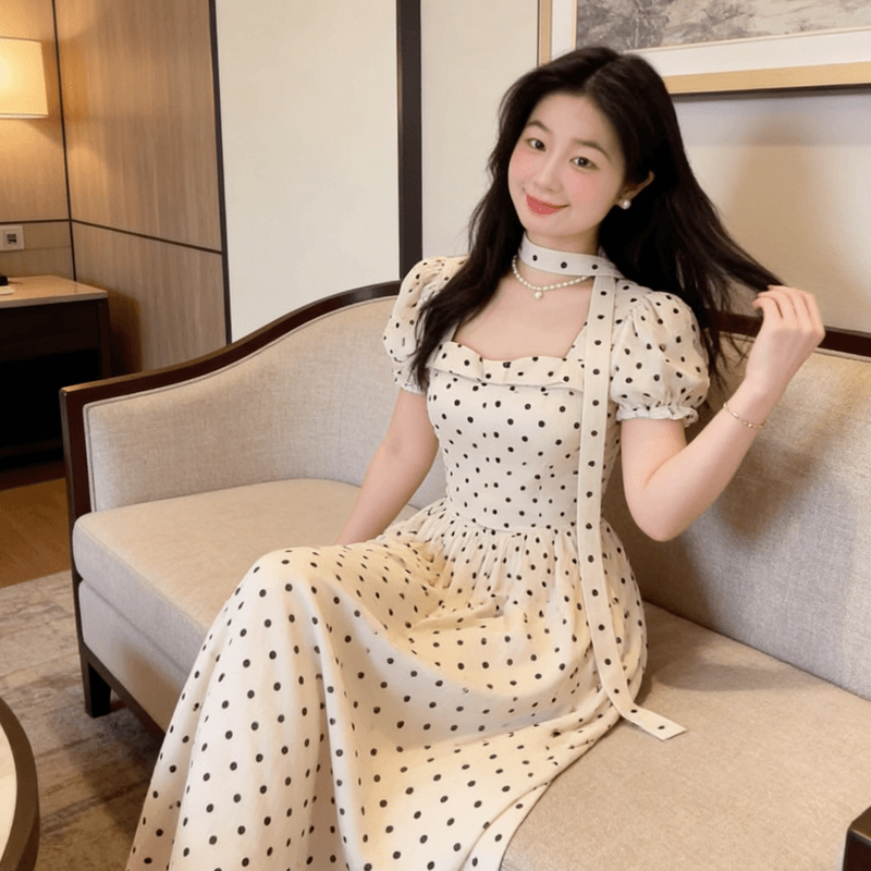 프랑스식 부드러운 바람 도트 무늬 여성 드레스 여름 행침 목 거품 소매 허리 수축 슬림해 보이는 달콤한 자매 바람 길다 치마 이미지 3