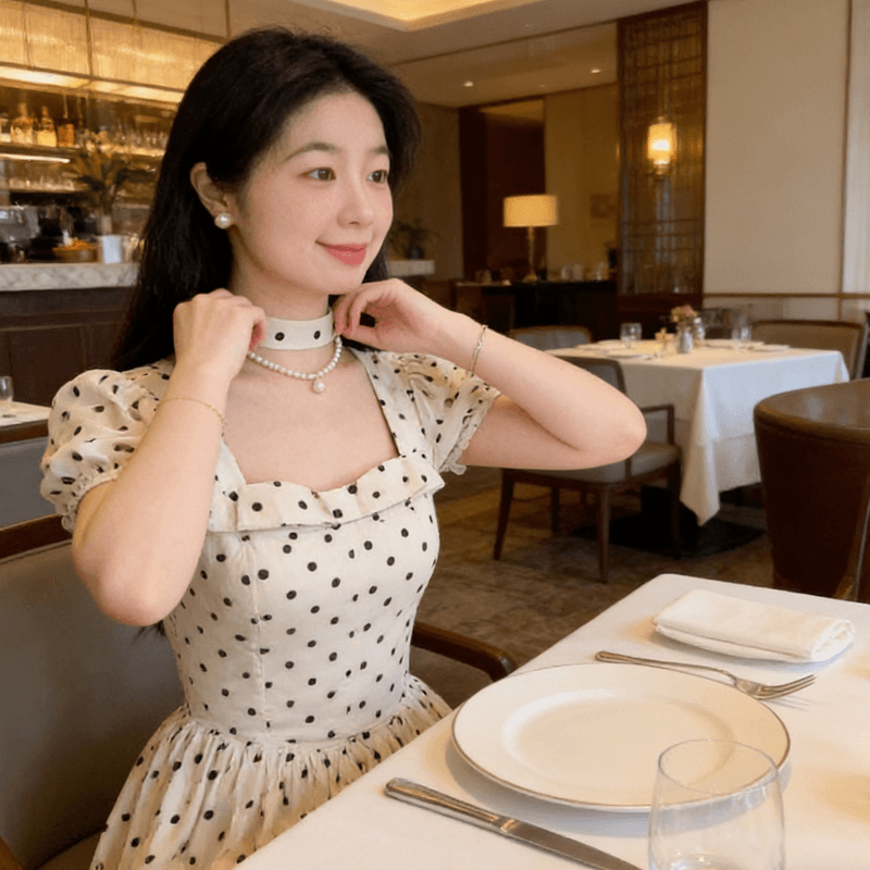 프랑스식 부드러운 바람 도트 무늬 여성 드레스 여름 행침 목 거품 소매 허리 수축 슬림해 보이는 달콤한 자매 바람 길다 치마 이미지 2