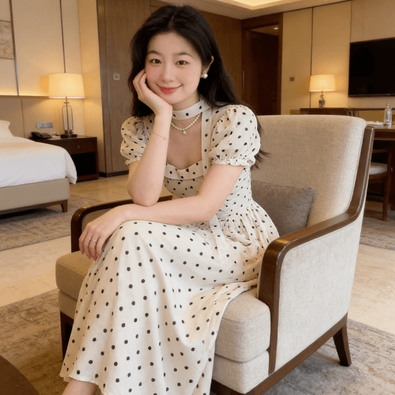 프랑스식 부드러운 바람 도트 무늬 여성 드레스 여름 행침 목 거품 소매 허리 수축 슬림해 보이는 달콤한 자매 바람 길다 치마 이미지 5