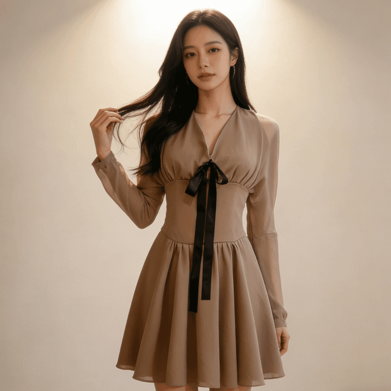 프랑스식 부드러운 바람 카키 색 V넥 드레스 가을 허리 수축 슬림해 보이는 리본 거품 소매 품격 부드러운 바람 미니 스커트 이미지 4