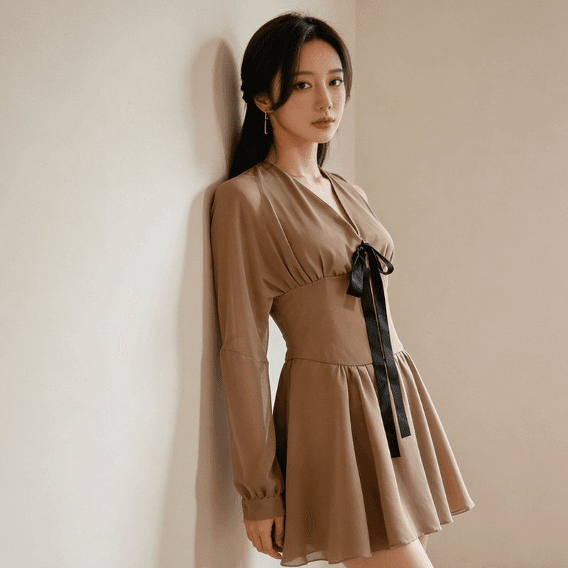 프랑스식 부드러운 바람 카키 색 V넥 드레스 가을 허리 수축 슬림해 보이는 리본 거품 소매 품격 부드러운 바람 미니 스커트 상세 이미지 1