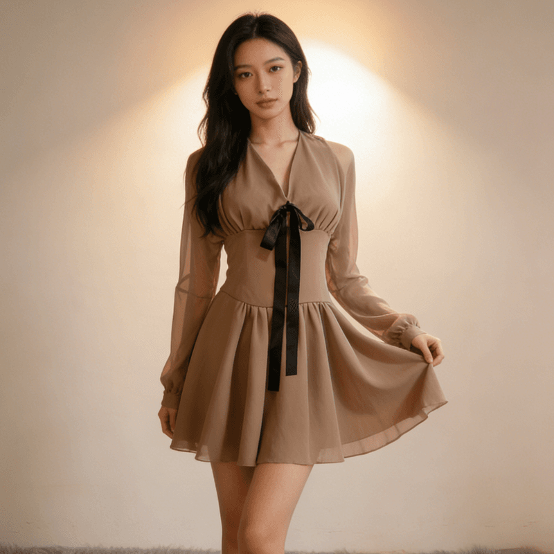 프랑스식 부드러운 바람 카키 색 V넥 드레스 가을 허리 수축 슬림해 보이는 리본 거품 소매 품격 부드러운 바람 미니 스커트 상세 이미지 5