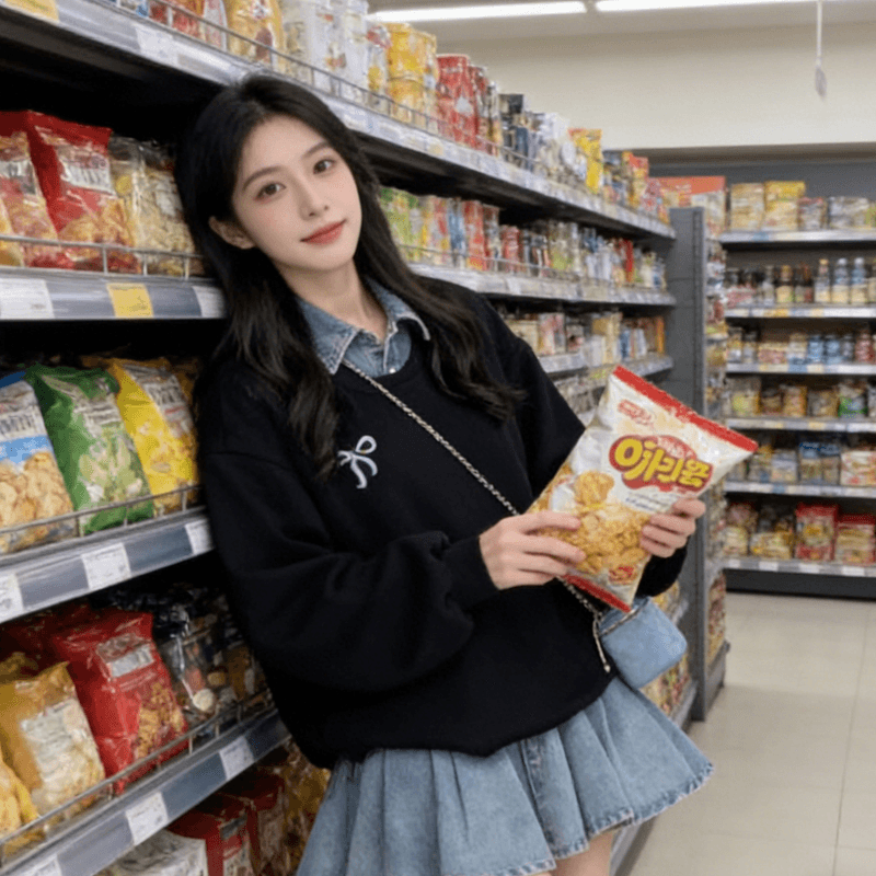 한 부서 페이크 레이어드 후드티 모방 데님 스커트 여성 2026 봄 가을 새로운 자수 허리 수축 슬림해 보이는 플리츠 미니 스커트 트렌디 상세 이미지 2