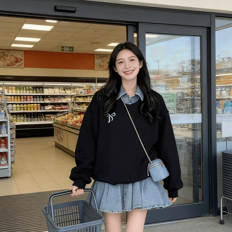 한 부서 페이크 레이어드 후드티 모방 데님 스커트 여성 2026 봄 가을 새로운 자수 허리 수축 슬림해 보이는 플리츠 미니 스커트 트렌디 상세 이미지 5