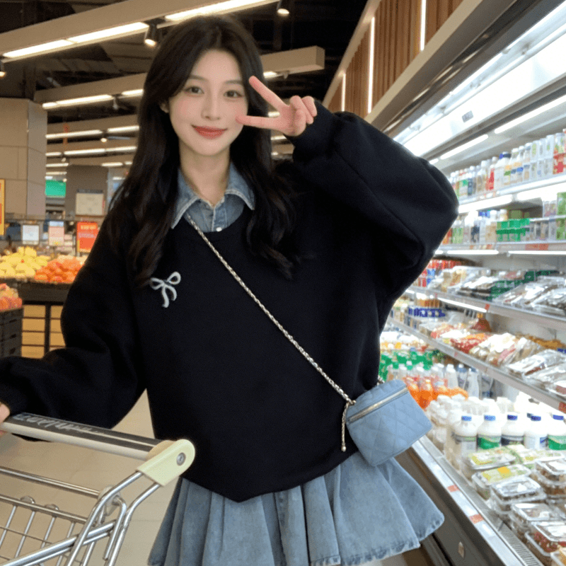 한 부서 페이크 레이어드 후드티 모방 데님 스커트 여성 2026 봄 가을 새로운 자수 허리 수축 슬림해 보이는 플리츠 미니 스커트 트렌디 상세 이미지 6