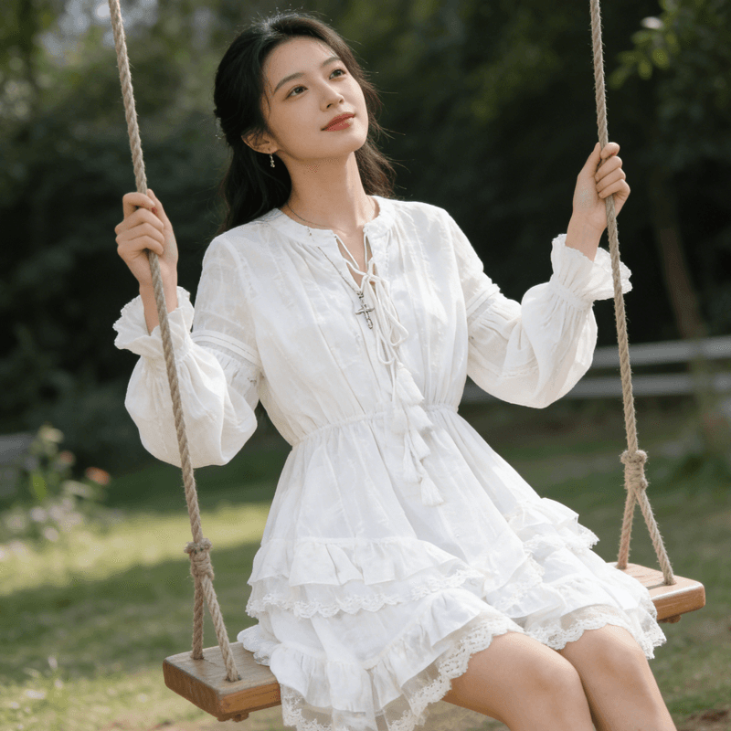 프랑스식 부드러운 바람 화이트 레이스 케이크 드레스 여성 봄 허리 수축 슬림해 보이는 거품 소매 레이스업 술 품격 미니 스커트 트렌디 이미지 5