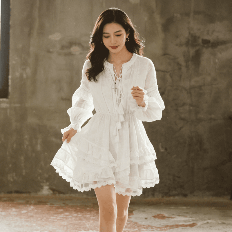 프랑스식 부드러운 바람 화이트 레이스 케이크 드레스 여성 봄 허리 수축 슬림해 보이는 거품 소매 레이스업 술 품격 미니 스커트 트렌디 상세 이미지 1