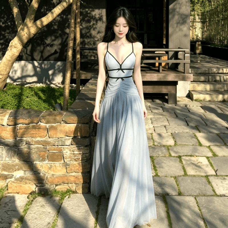 파란색 망사 V넥 슬립 여성 드레스 2026 이른 봄 새로운 프랑스식 휴가 롱 스커트 아름다운 품격 치마 이미지 3