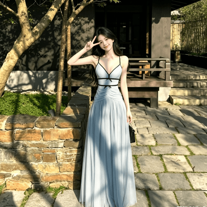 파란색 망사 V넥 슬립 여성 드레스 2026 이른 봄 새로운 프랑스식 휴가 롱 스커트 아름다운 품격 치마 이미지 5