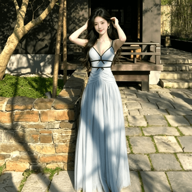 파란색 망사 V넥 슬립 여성 드레스 2026 이른 봄 새로운 프랑스식 휴가 롱 스커트 아름다운 품격 치마 상세 이미지 9