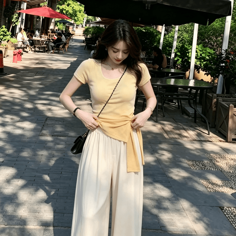 박하 남자 웨이브 프랑스식 불규칙 트임 스트랩 스타일 맨위 여성 여름 하이웨이스트 루즈핏 와이드 레그 팬츠 치마 투피스 세트 상세 이미지 1