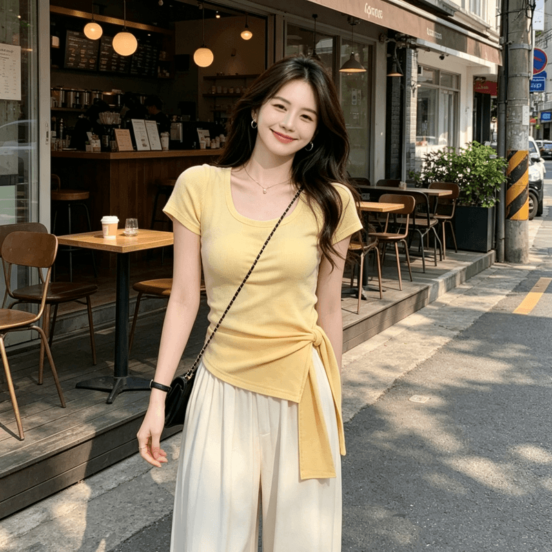 박하 남자 웨이브 프랑스식 불규칙 트임 스트랩 스타일 맨위 여성 여름 하이웨이스트 루즈핏 와이드 레그 팬츠 치마 투피스 세트 상세 이미지 6