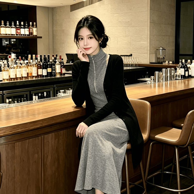 2025 새로운 회색 가을 겨울 드레스 새로운 중식 여성 의류 몸매 가꾸기 표지 고기 다용도 치마 풀 세트 두 조각 여성 세트 이미지 5