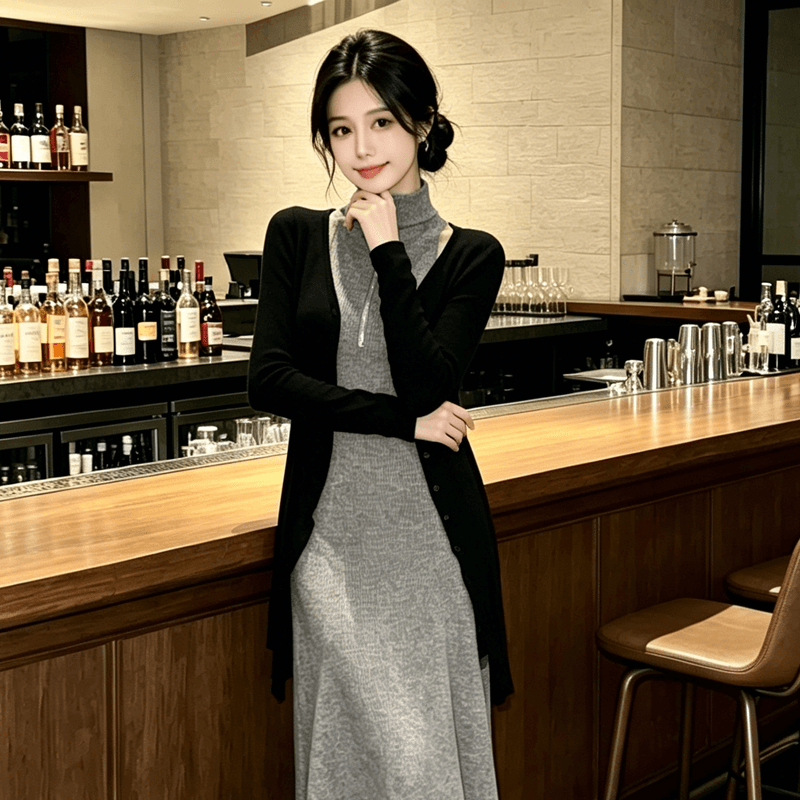 2025 새로운 회색 가을 겨울 드레스 새로운 중식 여성 의류 몸매 가꾸기 표지 고기 다용도 치마 풀 세트 두 조각 여성 세트 상세 이미지 3