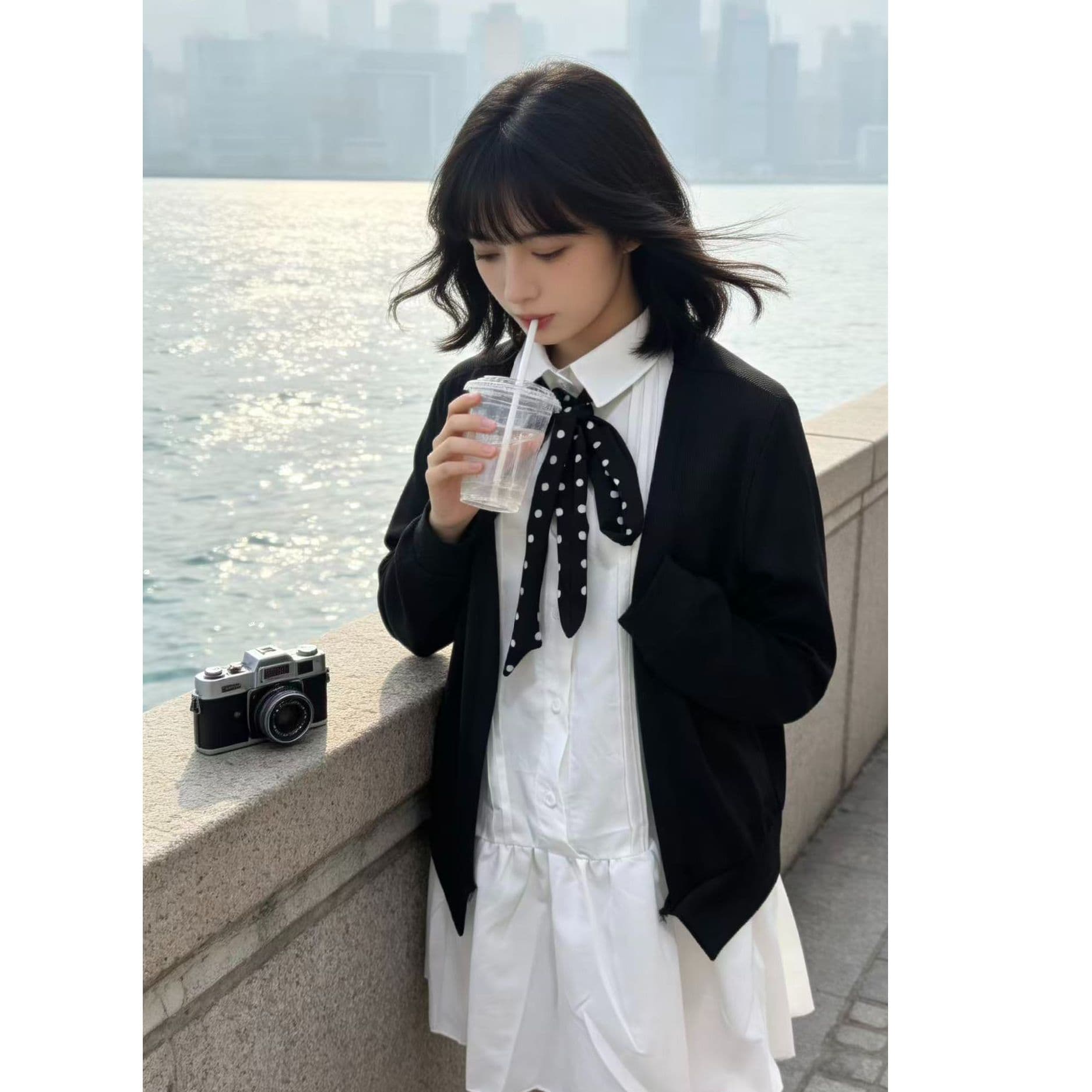 빅 사이즈 학원 스타일 세트 검정색 오픈 가디건 화이트 드레스 두 조각 여성 세트 지방 mm 이른 가을 연령 감소 착용 가져 가라. 전체 집합 이미지 2
