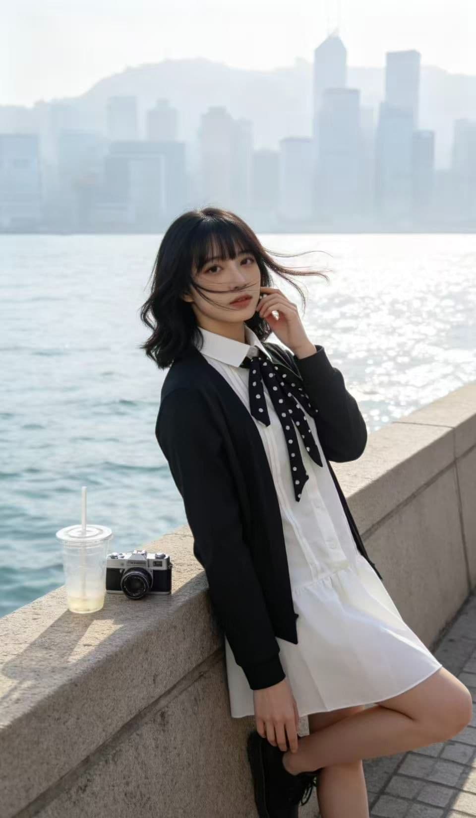 빅 사이즈 학원 스타일 세트 검정색 오픈 가디건 화이트 드레스 두 조각 여성 세트 지방 mm 이른 가을 연령 감소 착용 가져 가라. 전체 집합 상세 이미지 1