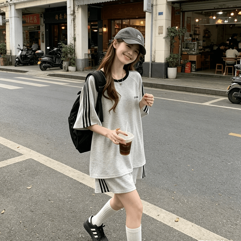 느긋한 바람 반팔 반바지 세트 에이즈 환자 여성 세트 여름 폭발 패치워크 배색 스트라이프 루즈핏 슬림해 보이는 투피스 세트