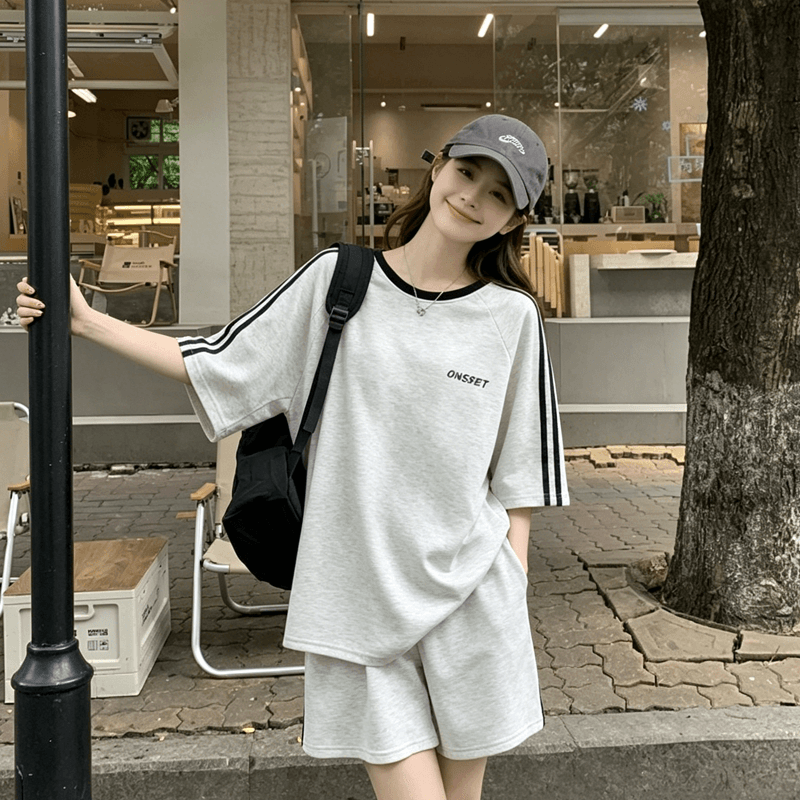 느긋한 바람 반팔 반바지 세트 에이즈 환자 여성 세트 여름 폭발 패치워크 배색 스트라이프 루즈핏 슬림해 보이는 투피스 세트 이미지 5