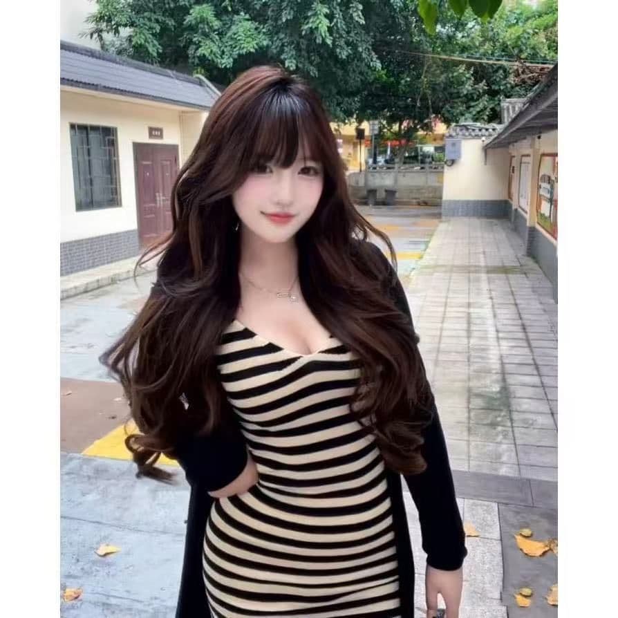 순수한 욕망 품격 로얄 자매 바람 스트라이프 V넥 슬립 여성 드레스 여름 몸매 가꾸기 슬림해 보이는 측면 트임 타이트 스커트 롱 스커트 상세 이미지 3