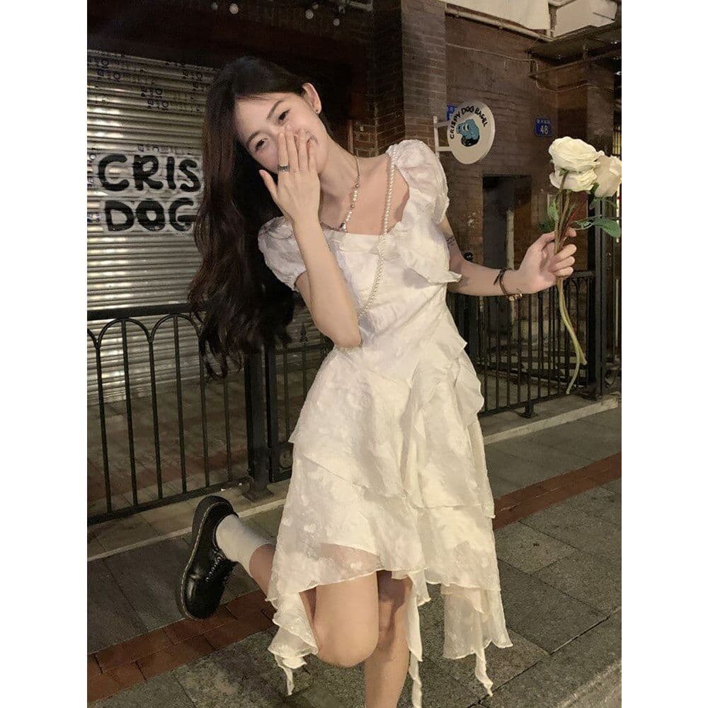 원본 자카드 원단 벨트 쉬폰 네리 하나 차 휴식 부드러운 프릴 캄파넬라 세과 프랑스식 요정 공주 짧은 치마