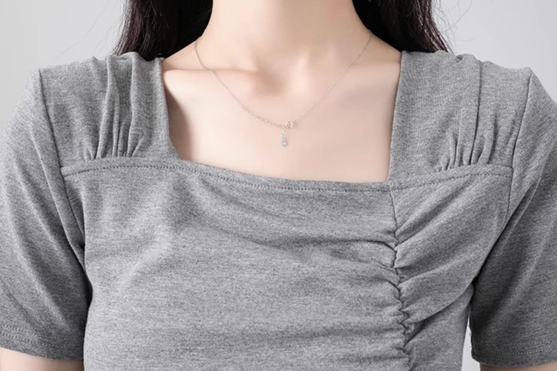 260 그램 사람들 면 리브 원단 벨트 포함 하나 불규칙 광장 칼라 슬림해 보이는 착용 가져 가라. 회색 티셔츠 반신 롱 스커트 상세 이미지 4