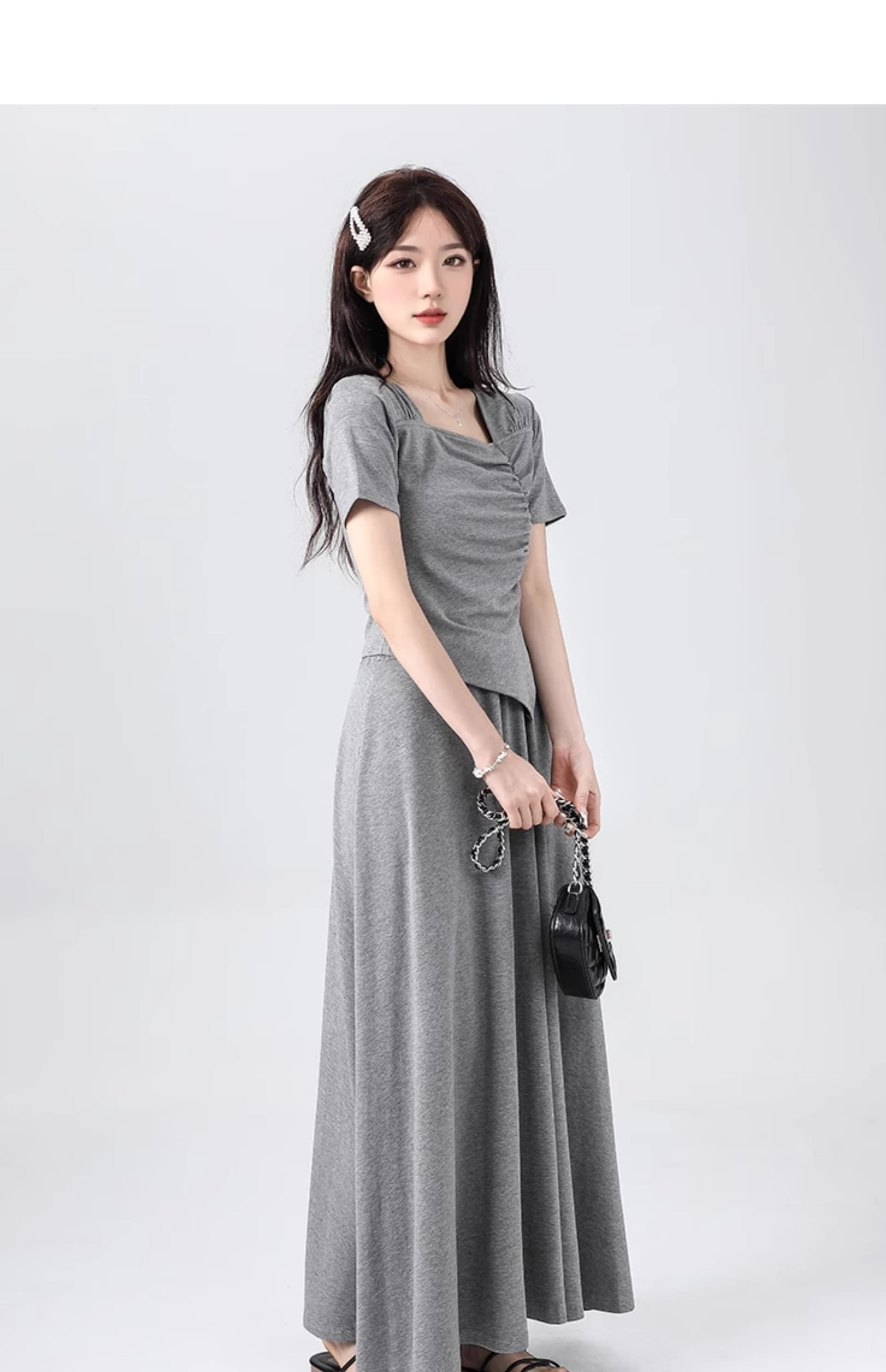 260 그램 사람들 면 리브 원단 벨트 포함 하나 불규칙 광장 칼라 슬림해 보이는 착용 가져 가라. 회색 티셔츠 반신 롱 스커트 상세 이미지 14