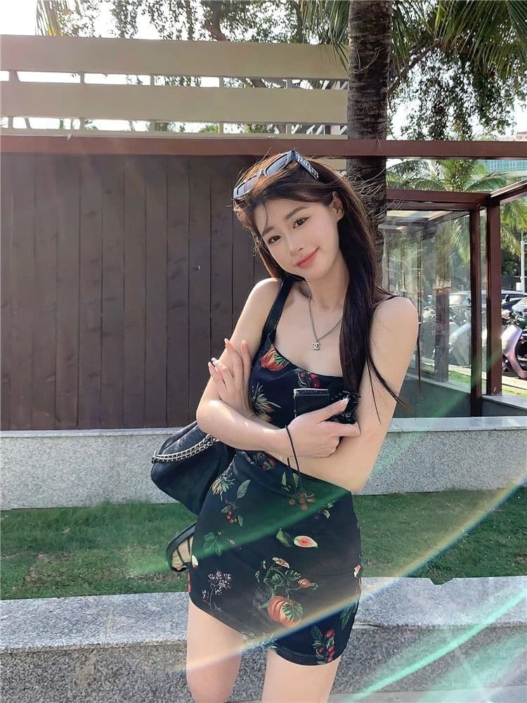 어깨끈 조절 가능 축제 후에 멜빵 지퍼 하나 핫걸 바람 품격 꽃무늬 슬립 드레스 허리 수축 슬림해 보이는 패키지 팔 치마 상세 이미지 2