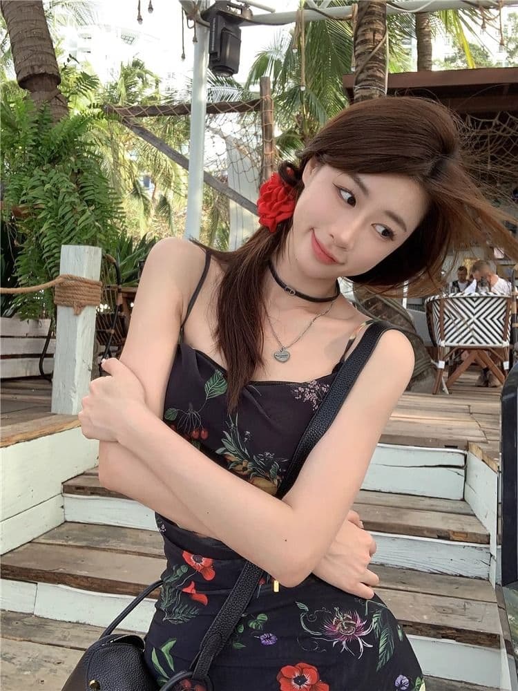 어깨끈 조절 가능 축제 후에 멜빵 지퍼 하나 핫걸 바람 품격 꽃무늬 슬립 드레스 허리 수축 슬림해 보이는 패키지 팔 치마 상세 이미지 9