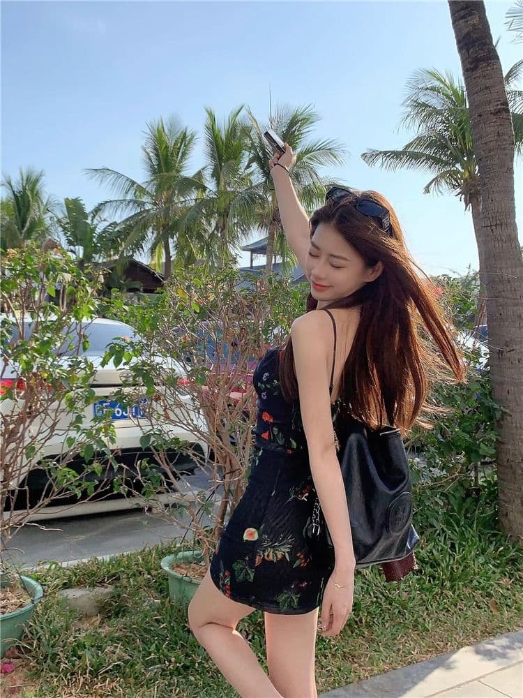 어깨끈 조절 가능 축제 후에 멜빵 지퍼 하나 핫걸 바람 품격 꽃무늬 슬립 드레스 허리 수축 슬림해 보이는 패키지 팔 치마 상세 이미지 11