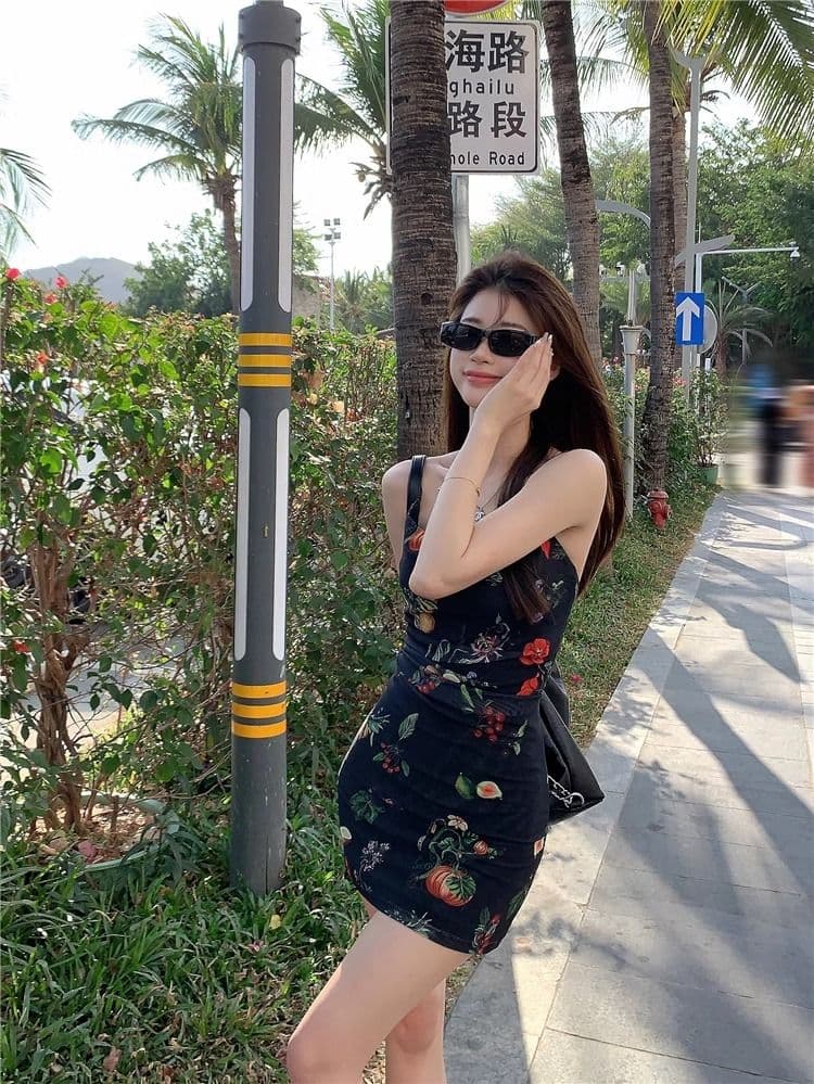 어깨끈 조절 가능 축제 후에 멜빵 지퍼 하나 핫걸 바람 품격 꽃무늬 슬립 드레스 허리 수축 슬림해 보이는 패키지 팔 치마 상세 이미지 13