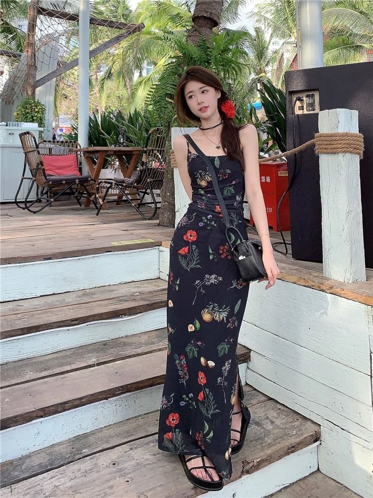 어깨끈 조절 가능 축제 후에 멜빵 지퍼 하나 핫걸 바람 품격 꽃무늬 슬립 드레스 허리 수축 슬림해 보이는 패키지 팔 치마 상세 이미지 21
