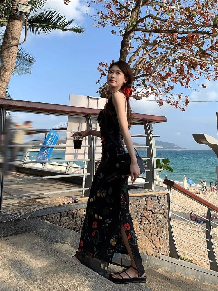 어깨끈 조절 가능 축제 후에 멜빵 지퍼 하나 핫걸 바람 품격 꽃무늬 슬립 드레스 허리 수축 슬림해 보이는 패키지 팔 치마 상세 이미지 26
