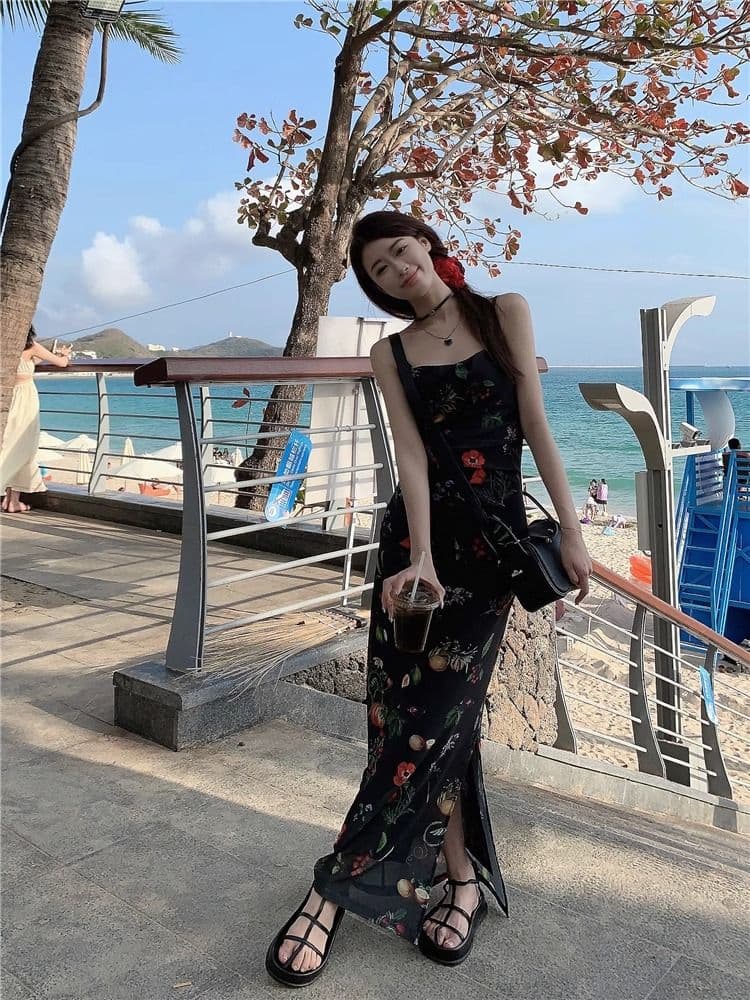 어깨끈 조절 가능 축제 후에 멜빵 지퍼 하나 핫걸 바람 품격 꽃무늬 슬립 드레스 허리 수축 슬림해 보이는 패키지 팔 치마 상세 이미지 28
