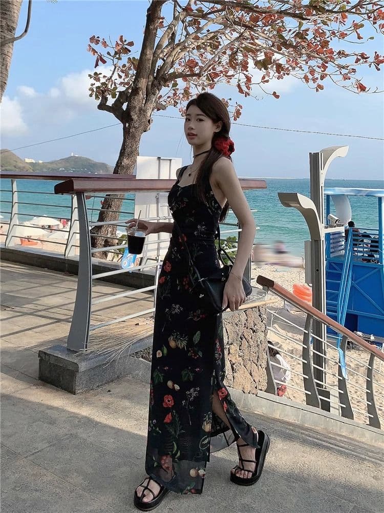 어깨끈 조절 가능 축제 후에 멜빵 지퍼 하나 핫걸 바람 품격 꽃무늬 슬립 드레스 허리 수축 슬림해 보이는 패키지 팔 치마 상세 이미지 29