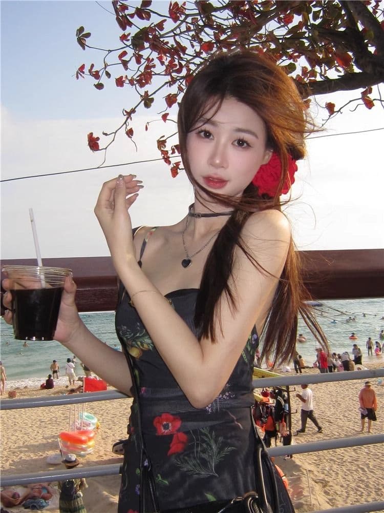 어깨끈 조절 가능 축제 후에 멜빵 지퍼 하나 핫걸 바람 품격 꽃무늬 슬립 드레스 허리 수축 슬림해 보이는 패키지 팔 치마 상세 이미지 30