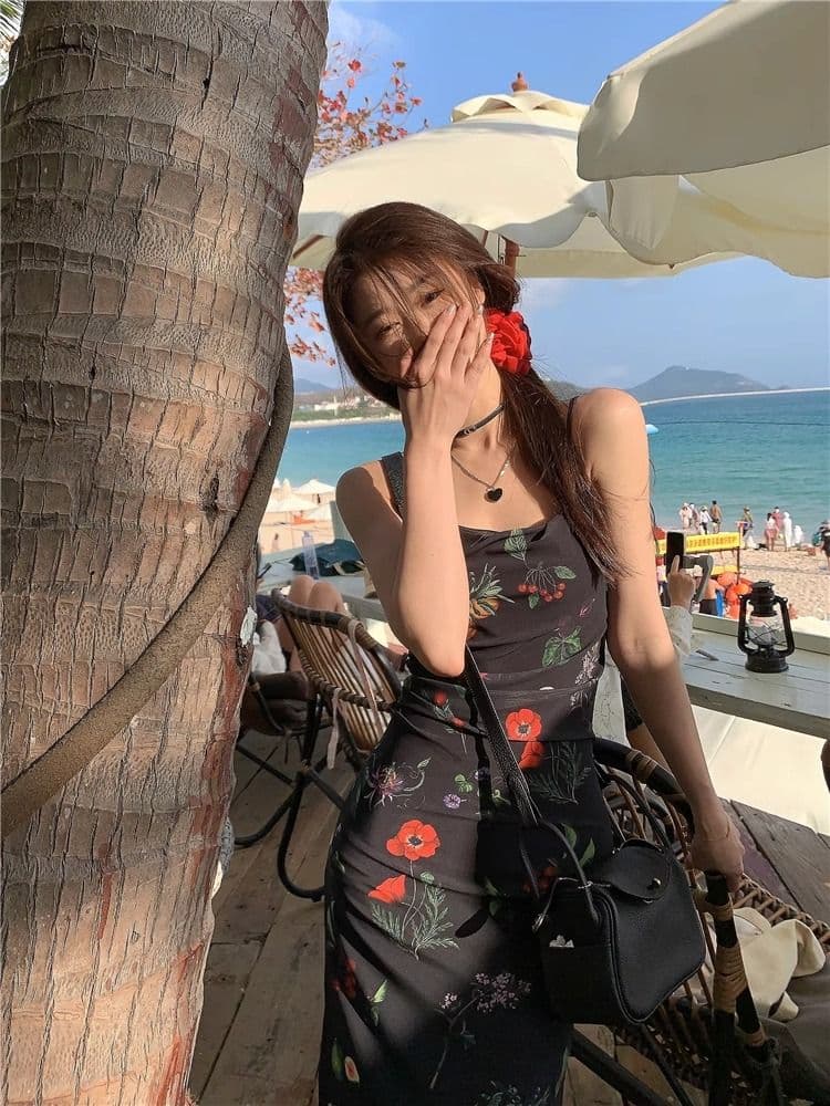 어깨끈 조절 가능 축제 후에 멜빵 지퍼 하나 핫걸 바람 품격 꽃무늬 슬립 드레스 허리 수축 슬림해 보이는 패키지 팔 치마 상세 이미지 31