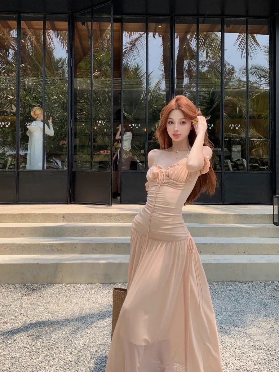 원본 40d 망사 원단 네리 하나 휴가 바람 슬림해 보이는 착용 가져 가라. 프랑스식 부드러운 광장 칼라 박하 점프 슈트 치마 이미지 3