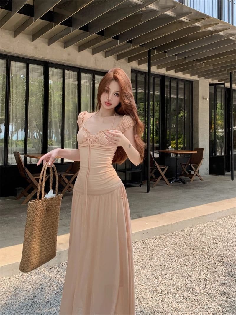 원본 40d 망사 원단 네리 하나 휴가 바람 슬림해 보이는 착용 가져 가라. 프랑스식 부드러운 광장 칼라 박하 점프 슈트 치마 상세 이미지 2