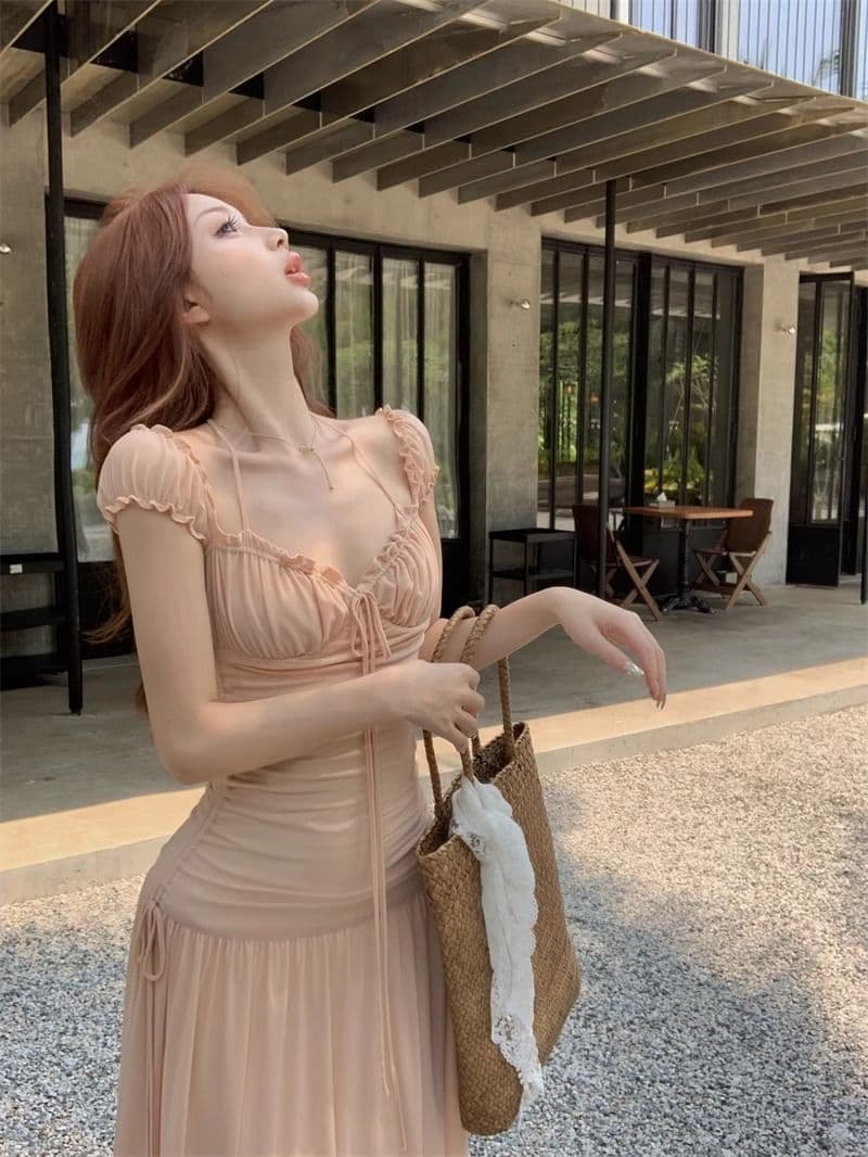 원본 40d 망사 원단 네리 하나 휴가 바람 슬림해 보이는 착용 가져 가라. 프랑스식 부드러운 광장 칼라 박하 점프 슈트 치마 상세 이미지 3