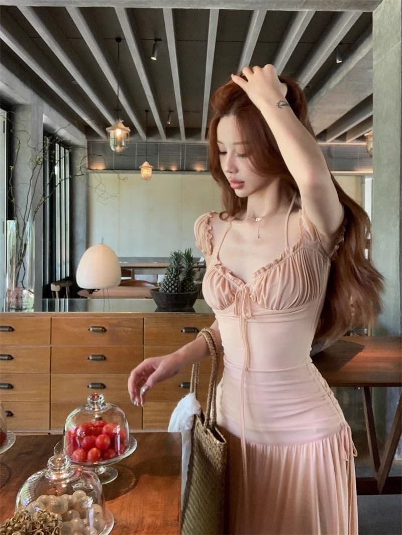 원본 40d 망사 원단 네리 하나 휴가 바람 슬림해 보이는 착용 가져 가라. 프랑스식 부드러운 광장 칼라 박하 점프 슈트 치마 상세 이미지 7