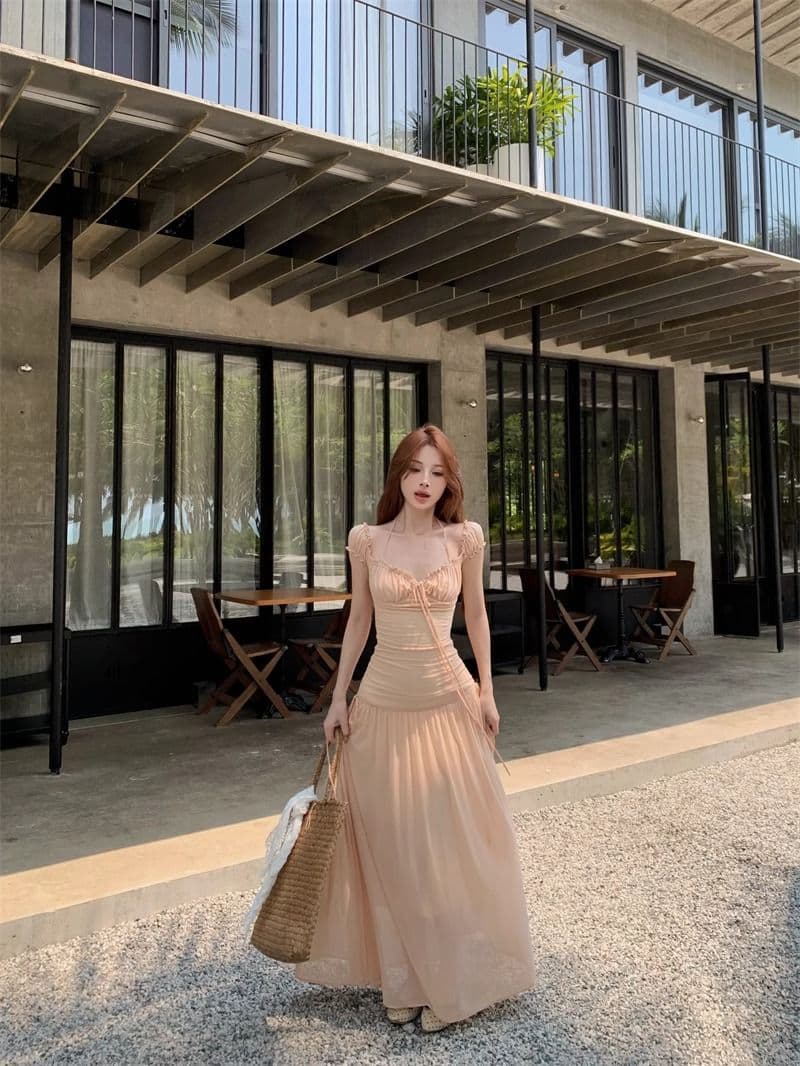 원본 40d 망사 원단 네리 하나 휴가 바람 슬림해 보이는 착용 가져 가라. 프랑스식 부드러운 광장 칼라 박하 점프 슈트 치마 상세 이미지 8