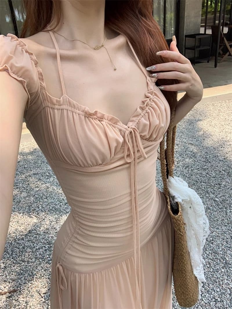 원본 40d 망사 원단 네리 하나 휴가 바람 슬림해 보이는 착용 가져 가라. 프랑스식 부드러운 광장 칼라 박하 점프 슈트 치마 상세 이미지 10
