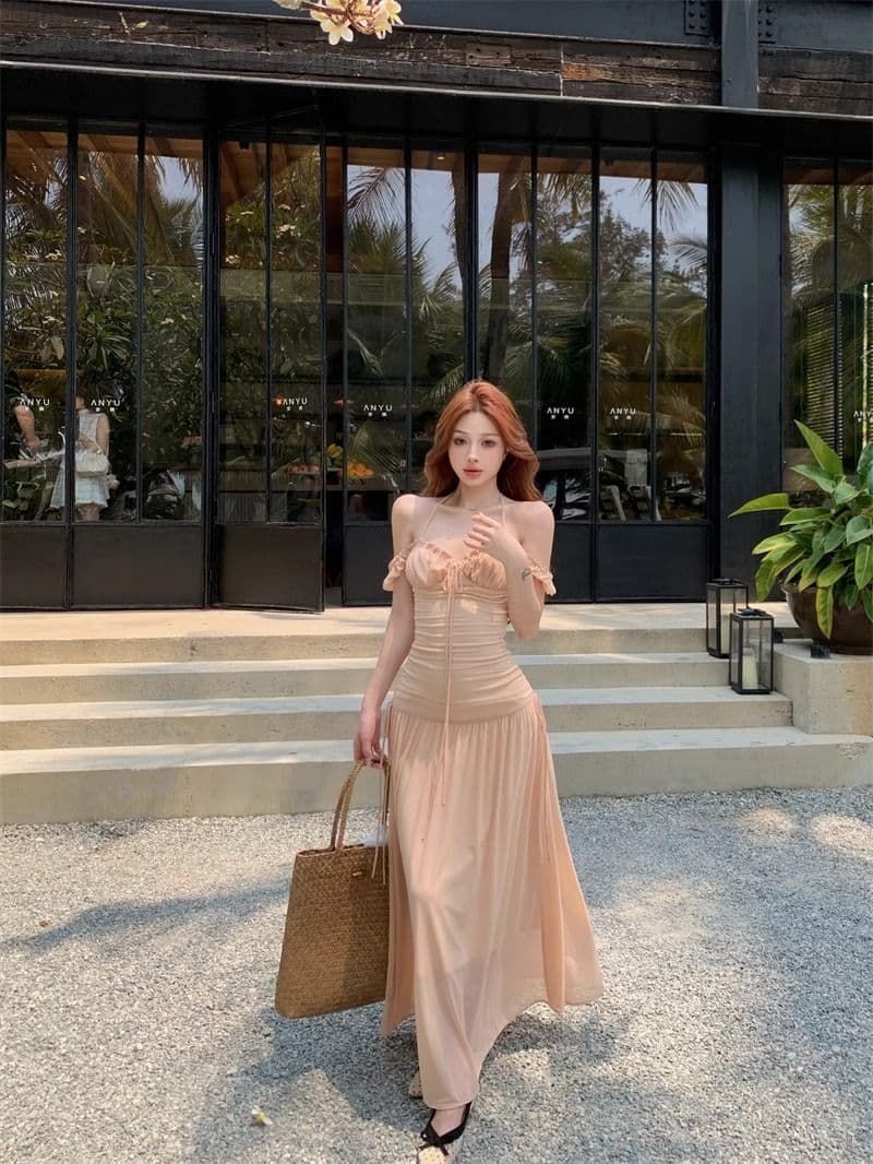 원본 40d 망사 원단 네리 하나 휴가 바람 슬림해 보이는 착용 가져 가라. 프랑스식 부드러운 광장 칼라 박하 점프 슈트 치마 상세 이미지 11