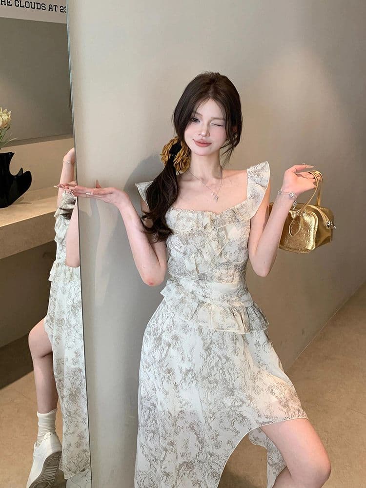 높음 비틀림 쉬폰 벨트 네리 있음 지퍼 하나 프랑스식 바람이 아닙니다. 규칙 꽃무늬 드레스 잉크 페인팅 작은 날다 소매 미니 스커트 이미지 2